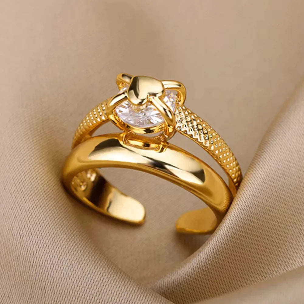 18K Gold-plated Full Diamond Titanium Steel Colorfast Open Ring For Women