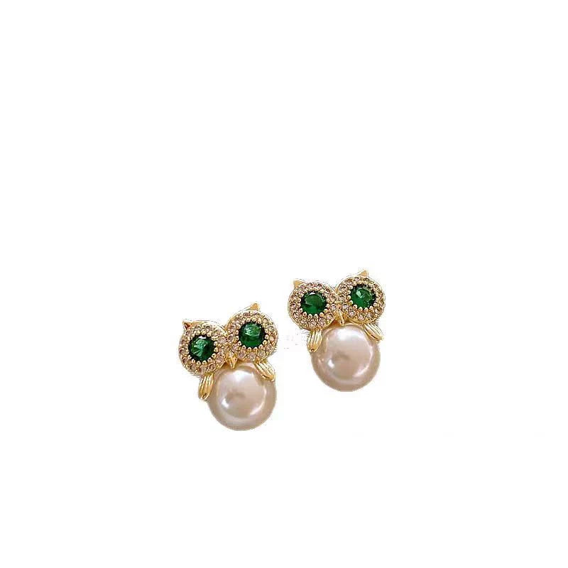 Owl Zircon Pearl Stud Earrings Female Design