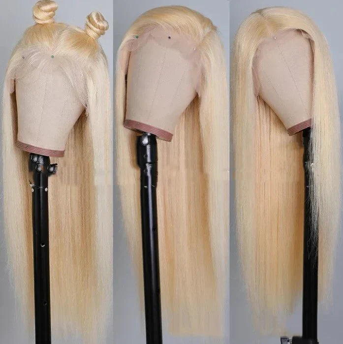 Mid-length Straight Light Gold Warm Silk Female Real Human hair